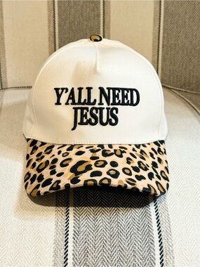 Y'ALL NEED JESUS Leopard Brim Baseball Cap - White
